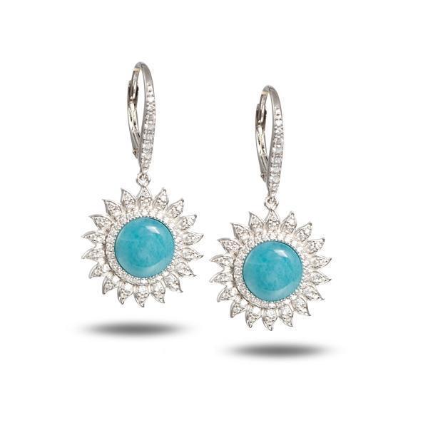 In this photo is a pair of sterling silver sunflower dangle earrings with blue larimar and topaz gemstones.