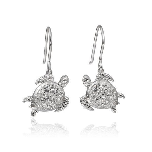 The picture shows a pair of 925 sterling silver sea turtle hook earrings with topaz.
