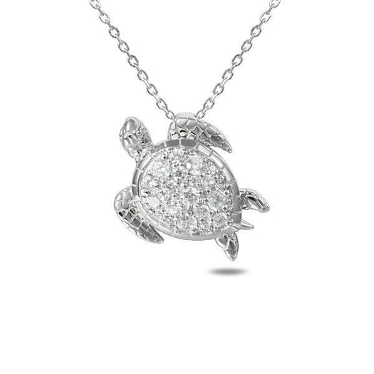 The picture shows a 925 sterling silver pavé leatherback sea turtle pendant with topaz.