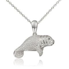 The picture shows a 925 sterling silver pavé manatee pendant with cubic zirconia.