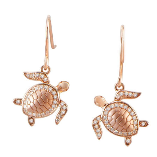 The picture shows a pair of 925 sterling silver rose gold-vermeil sea turtle hook earrings with topaz.