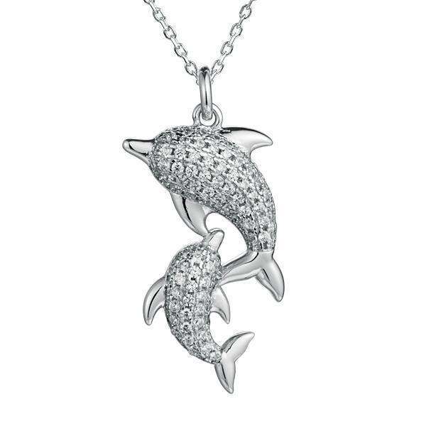 The picture shows a 925 sterling silver, white gold vermeil, two dolphin pendant with topaz.