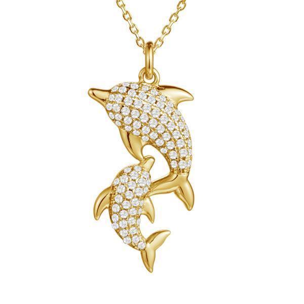 The picture shows a 925 sterling silver, yellow gold vermeil, two dolphin pendant with topaz.