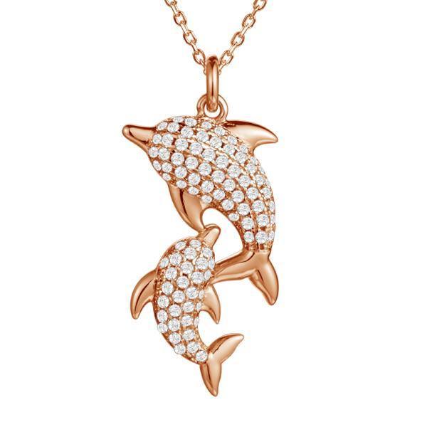 The picture shows a 925 sterling silver, rose gold vermeil, two dolphin pendant with topaz.