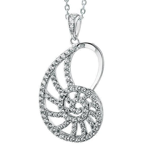The picture shows a 925 sterling silver pavé white gold vermeil nautilus shell pendant with topaz.
