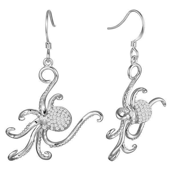 The picture shows a pair of 14K white gold octopus earrings with diamonds.