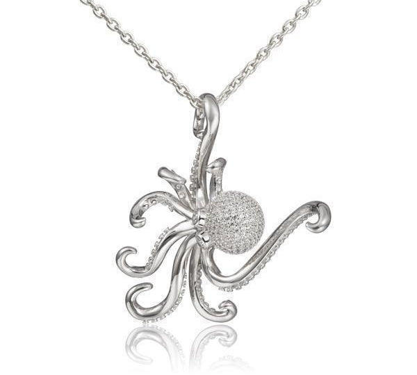 The picture shows a 925 sterling silver pavé octopus pendant with topaz.