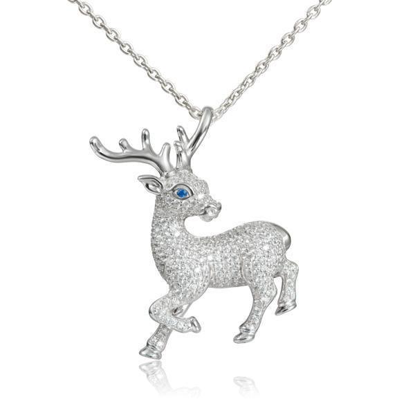 In this photo there is a sterling silver prancing reindeer pendant with topaz and sapphire gemstones.