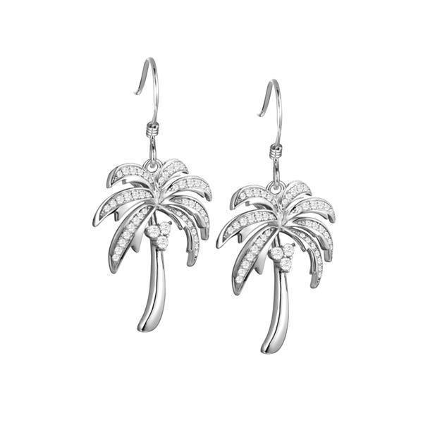 In this photo is a pair of white gold palm tree hook earrings with topaz gemstones.