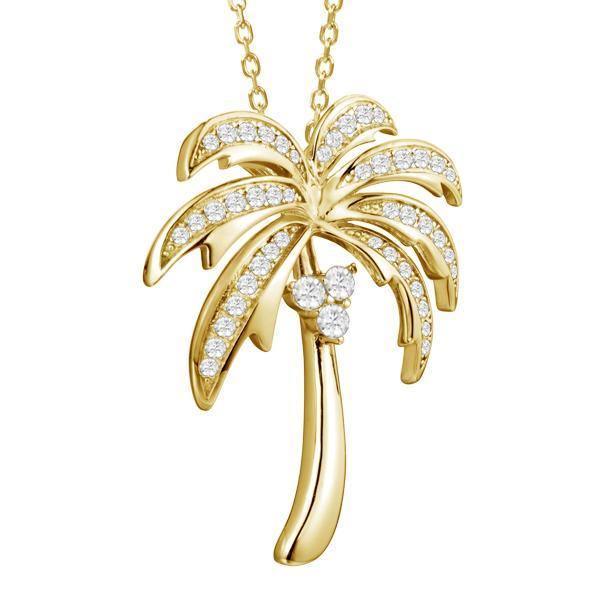 In this photo there is a yellow gold palm tree pendant with topaz gemstones.