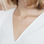 In this photo there is a model turned slightly to the left with blonde hair and a white shirt, wearing a rose gold palm tree pendant with topaz gemstones.
