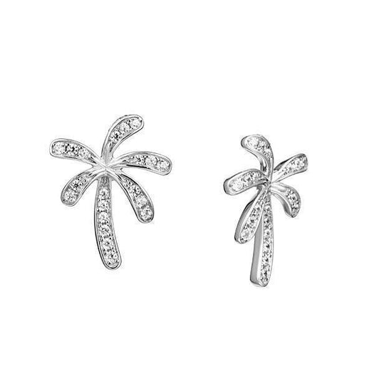 In this photo there is a pair of sterling silver palm tree stud earrings with topaz gemstones.