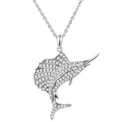 The picture shows a 925 sterling silver, white gold vermeil, sailfish pendant with topaz.