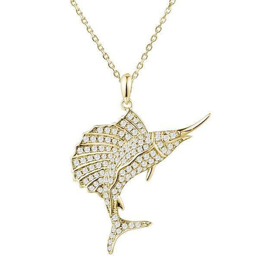 The picture shows a 925 sterling silver, yellow gold-vermeil, sailfish pendant with topaz.