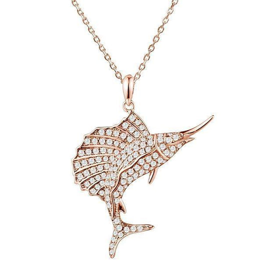 The picture shows a 925 sterling silver, rose gold-plated, sailfish pendant with topaz.