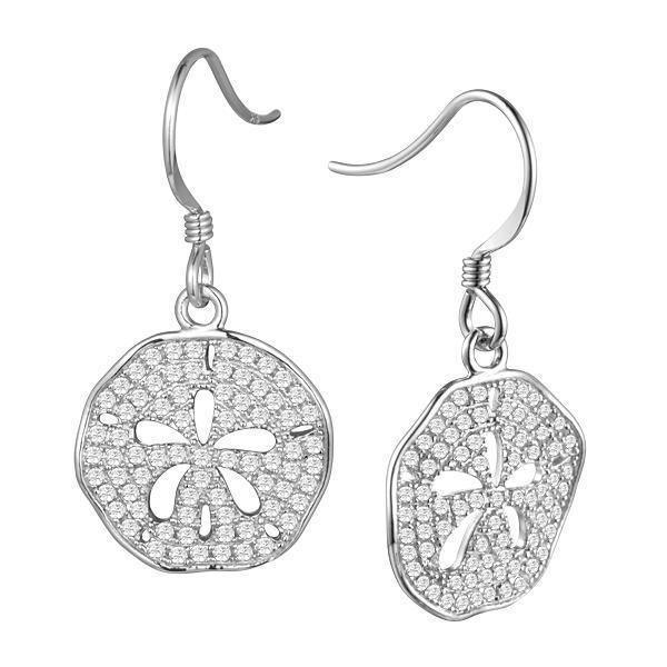 The picture shows a pair of 14K white gold pavé diamond sand dollar cut-out hook earrings.