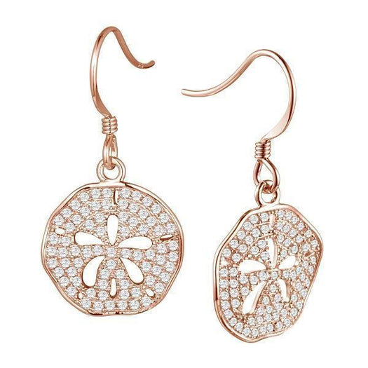 The picture shows a pair of 14K rose gold pavé diamond sand dollar cut-out hook earrings.
