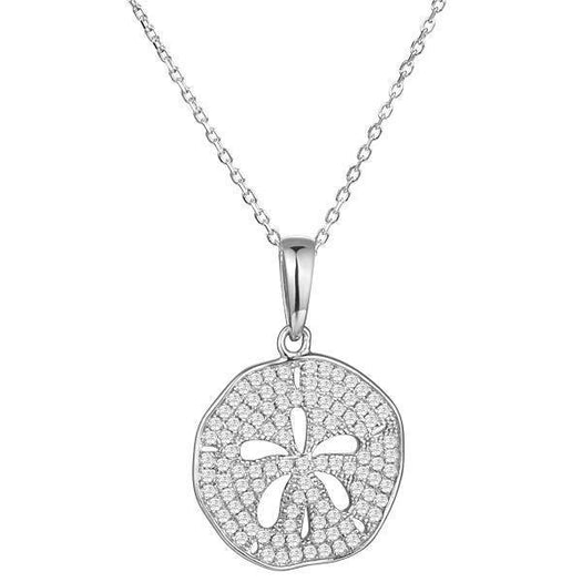 The picture shows a medium 14K white gold pavé sand dollar pendant with diamonds.