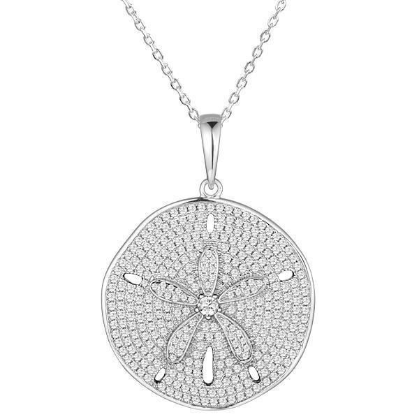 The picture shows a large 925 sterling silver, white gold vermeil, pavé sand dollar pendant with topaz.