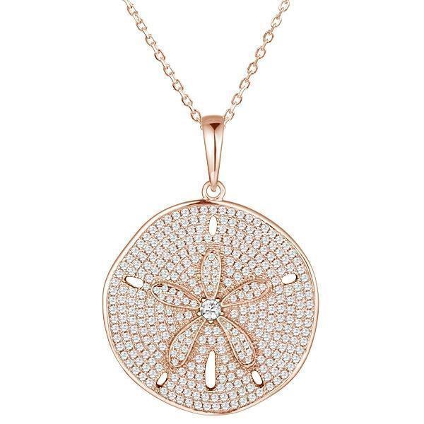 The picture shows a large 925 sterling silver, rose gold vermeil, pavé sand dollar pendant with topaz.