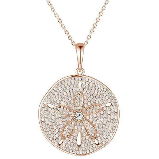 The picture shows a large 925 sterling silver, rose gold vermeil, pavé sand dollar pendant with topaz.
