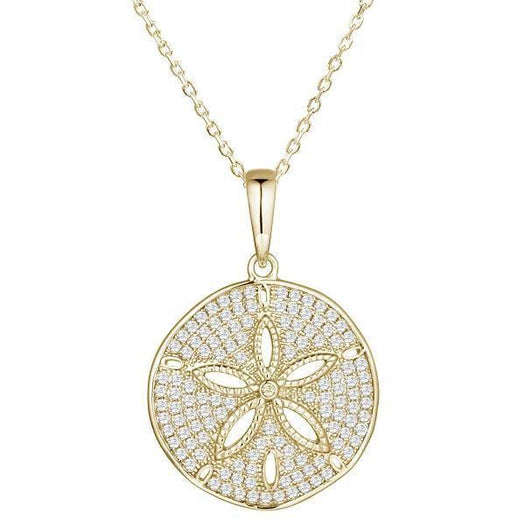 The picture shows a medium 925 sterling silver, yellow gold vermeil, pavé sand dollar pendant with topaz.