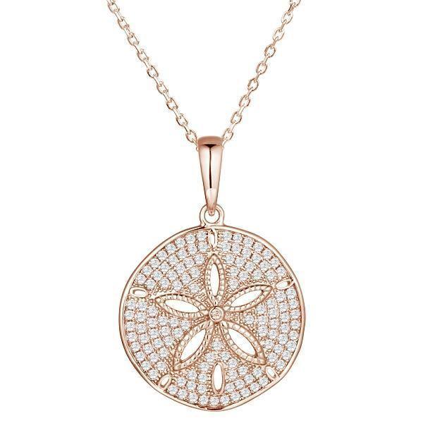 The picture shows a medium 925 sterling silver, rose gold vermeil, pavé sand dollar pendant with topaz.