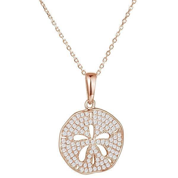 The picture shows a small 925 sterling silver, rose gold vermeil, pavé sand dollar pendant with topaz.