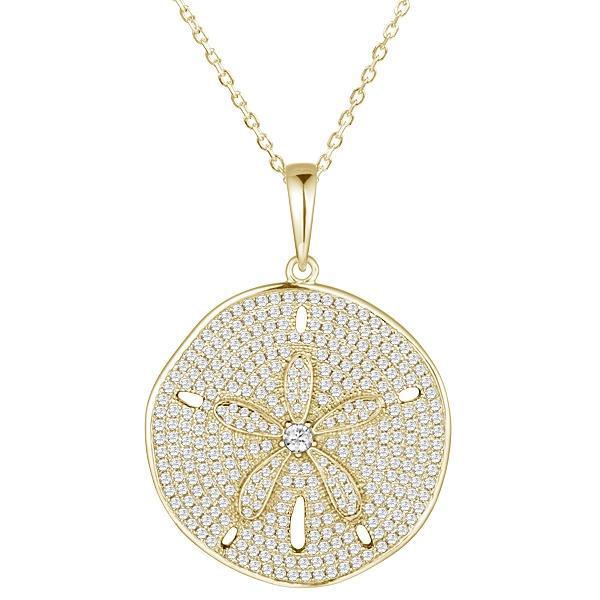 The picture shows a 14K yellow gold pavé sand dollar pendant with diamonds.