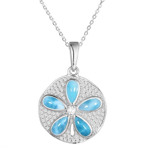 The picture shows a 925 sterling silver pavé sand dollar pendant with larimar and topaz.