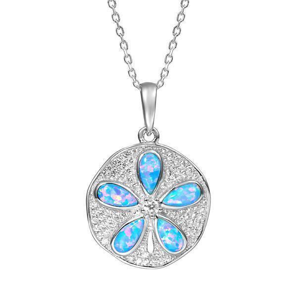 The picture shows a 925 sterling silver pavé sand dollar pendant with opalite and topaz.