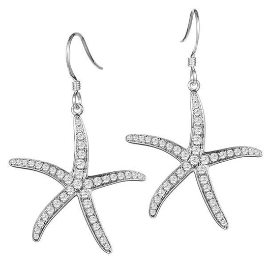 The picture shows a pair of 925 sterling silver pavé white gold vermeil sea star hook earrings.