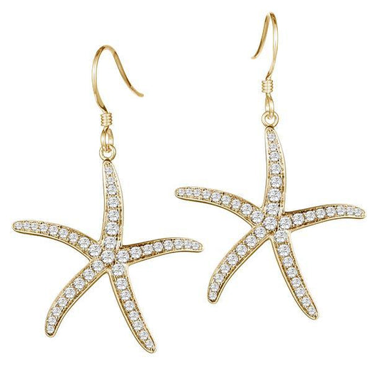 The picture shows a pair of 925 sterling silver pavé yellow gold vermeil sea star hook earrings.