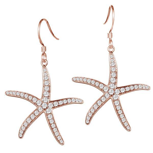 The picture shows a pair of 925 sterling silver pavé rose gold vermeil sea star hook earrings.