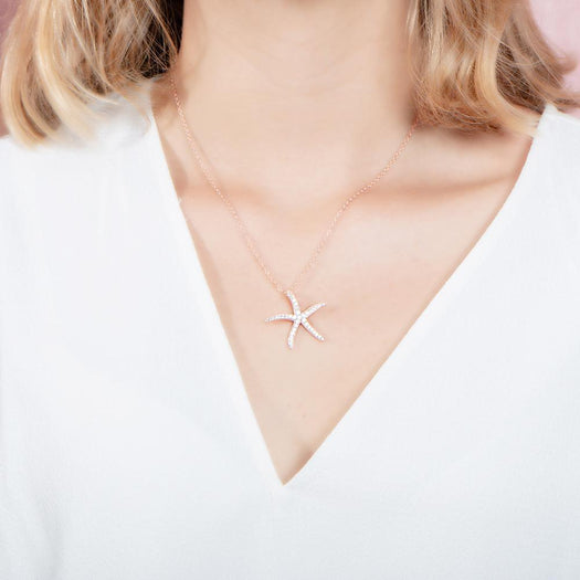 The picture shows a model wearing a 925 sterling silver, rose gold vermeil, sea star pendant with topaz.