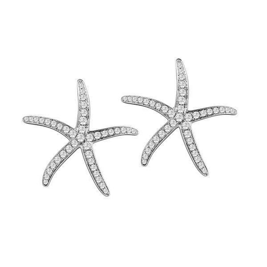 The picture shows a pair of 925 sterling silver sea star stud earrings with topaz.