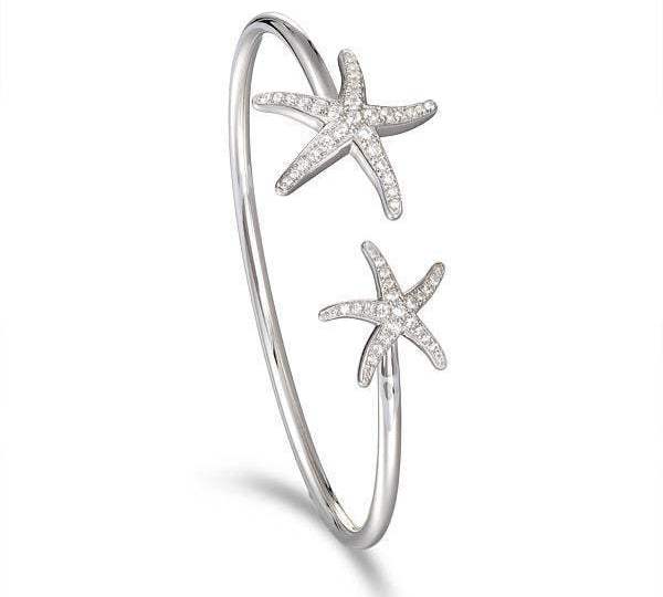 The picture shows a 925 sterling silver two starfish bangle with topaz.