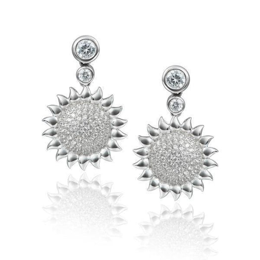In this photo there is a pair of sterling silver sunflower earrings with topaz gemstones.