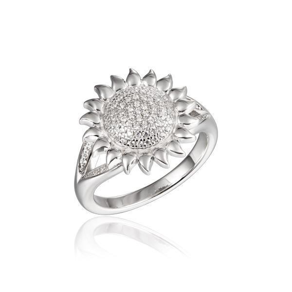 In this photo there is a 925 sterling silver sunflower ring with a split band and topaz gemstones.