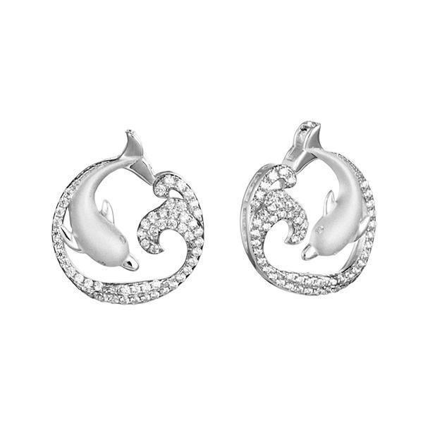 The picture shows a pair of 925 sterling silver swimming dolphin stud earrings with topaz.