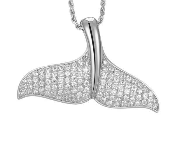 The picture shows a 925 sterling silver, white gold vermeil, pavé whale tail pendant with topaz.