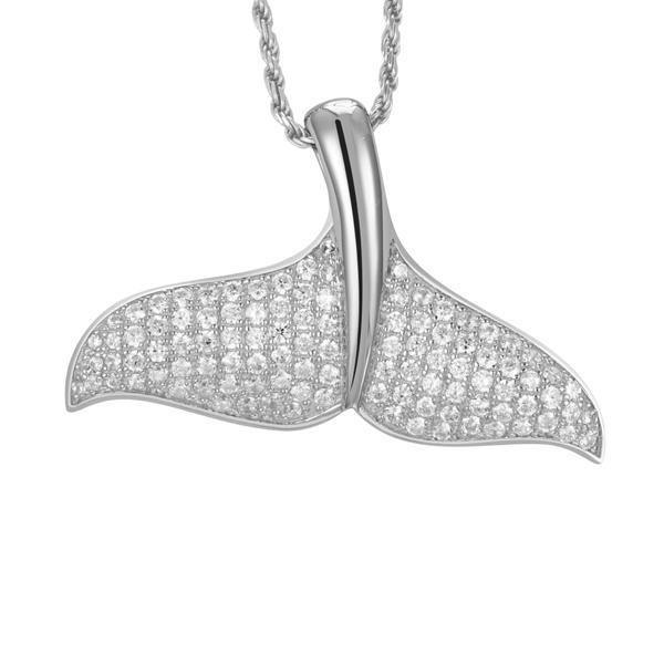 The picture shows a 925 sterling silver, white gold vermeil, pavé whale tail pendant with topaz.