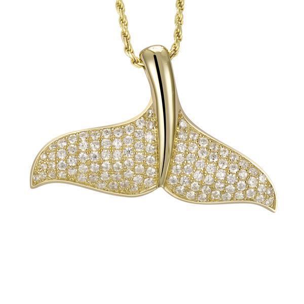 The picture shows a 925 sterling silver, yellow gold vermeil, pavé whale tail pendant with topaz.