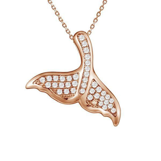 The picture shows a 925 sterling silver, rose gold vermeil, pavé whale tail pendant with topaz.