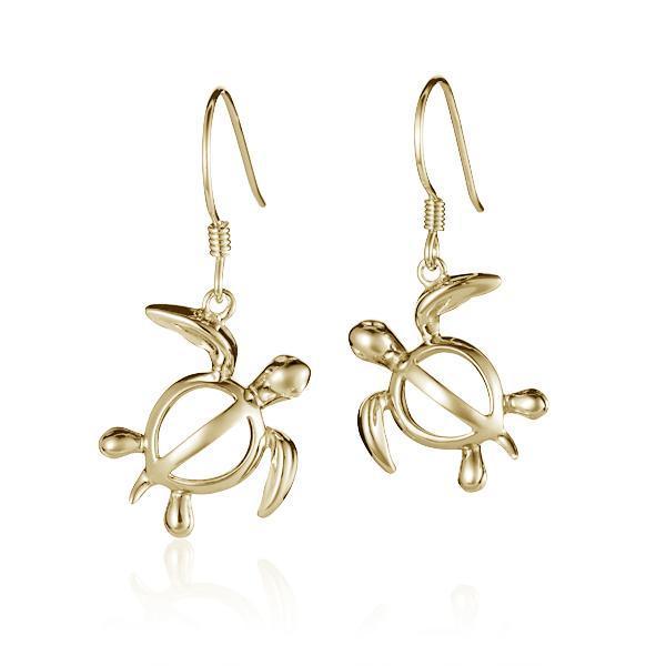 The picture shows a pair of 14K yellow gold sea turtle hook earrings.