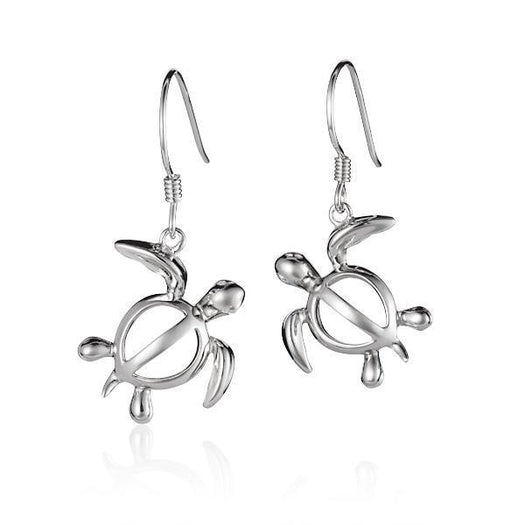 The picture shows a pair of 14K white gold sea turtle hook earrings.