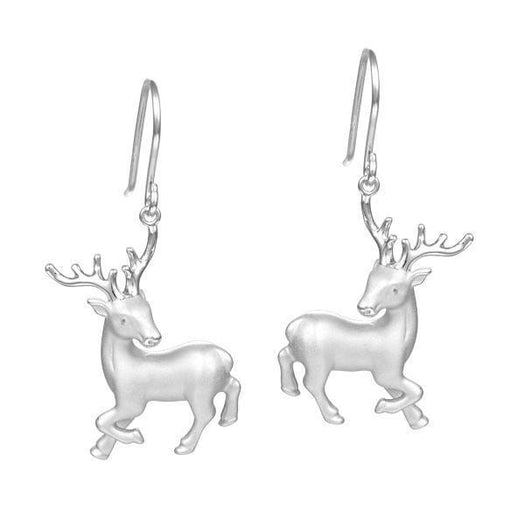 In this photo there is a pair of sterling silver prancing reindeer hook earrings.