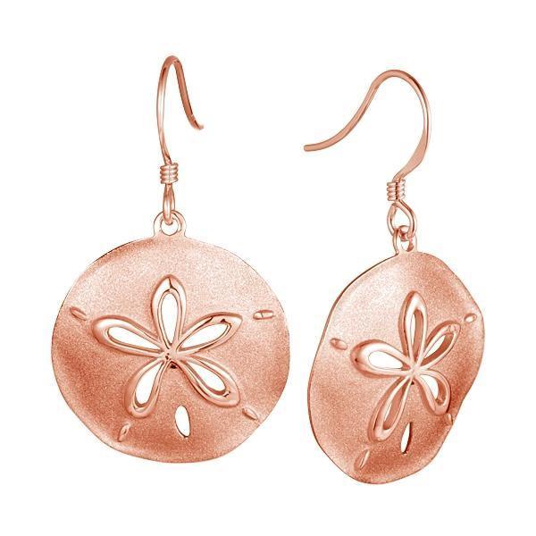 The picture shows a pair of 14K rose gold cut out sand dollar hook earrings.
