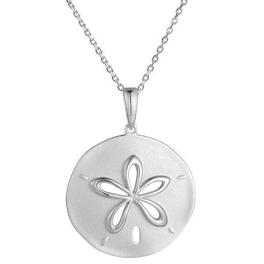 The picture shows a 14K white gold cut out sand dollar pendant.