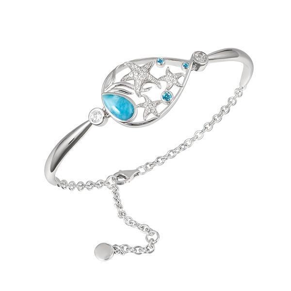 The picture shows a 925 sterling silver bracelet with three starfish, seaweed, and topaz, aquamarine, and larimar gemstones.